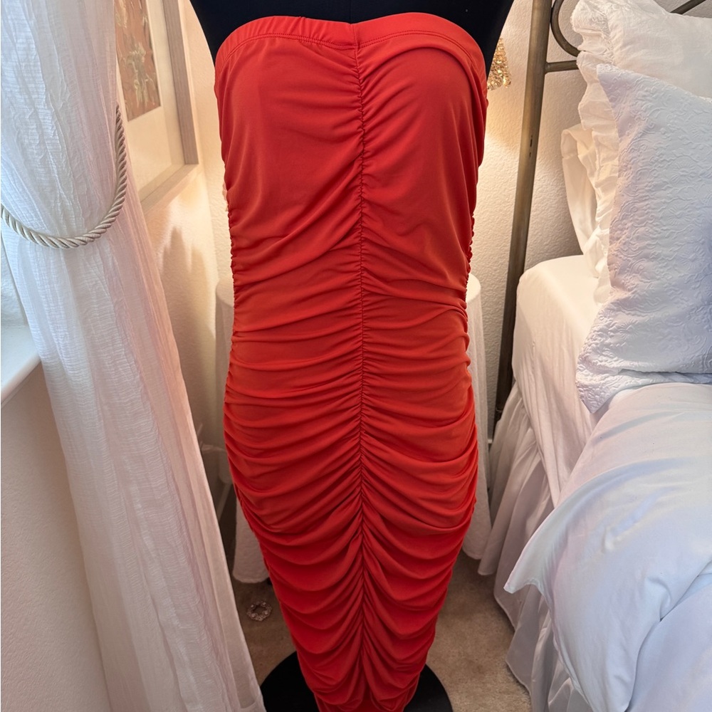 Fashion Nova Strapless Ruched Dress - Orange